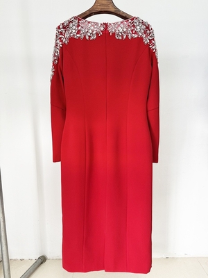 Natural Waistline LS2633 Fashionable Luxurious Beaded Long Sleeve Crystal Decorated Midi Dress for Nightclub Clothing Customizable Emblem
