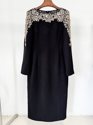 Natural Waistline LS2633 Fashionable Luxurious Beaded Long Sleeve Crystal Decorated Midi Dress for Nightclub Clothing Customizable Emblem