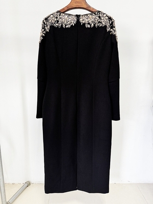 Natural Waistline LS2633 Fashionable Luxurious Beaded Long Sleeve Crystal Decorated Midi Dress for Nightclub Clothing Customizable Emblem