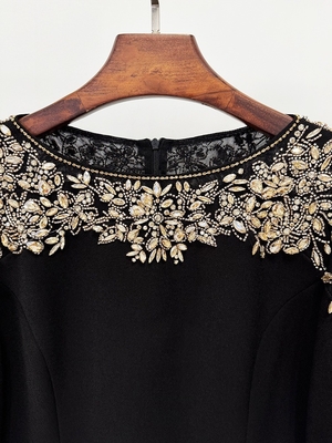 Natural Waistline LS2633 Fashionable Luxurious Beaded Long Sleeve Crystal Decorated Midi Dress for Nightclub Clothing Customizable Emblem