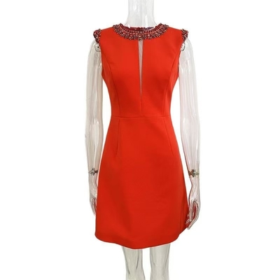 SB3357 Fashion Party Women's O-Neck Red Sleeveless High Waist A-Line Dress with Elegant Crystal Mini Dress