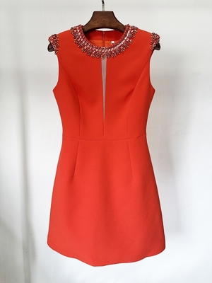SB3357 Fashion Party Women's O-Neck Red Sleeveless High Waist A-Line Dress with Elegant Crystal Mini Dress