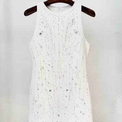 Summer Luxury and Glamour Pure Color Pattern SB3362 Women's Formal White Beaded Dress with Shimmering Crystal Mini Dress