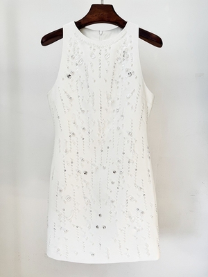 Summer Luxury and Glamour Pure Color Pattern SB3362 Women's Formal White Beaded Dress with Shimmering Crystal Mini Dress