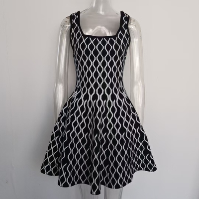 KD2353 Black Striped Mini Dress Elegant Square Neckline Vest Dress for Women's Party