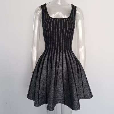 KD2353 Black Striped Mini Dress Elegant Square Neckline Vest Dress for Women's Party