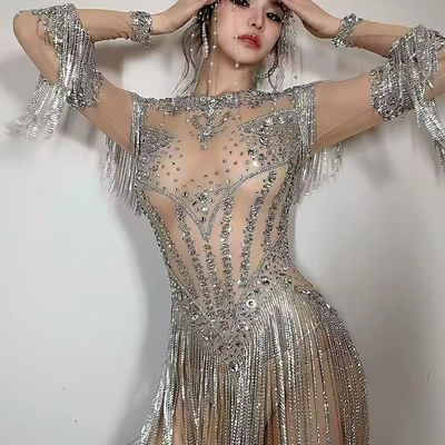 KIMSHEIN AD2542 Luxurious Rhinestone Women's Wear Sexy Long Sleeve Fringe Crystal Short Tight Dress for Stage Performers