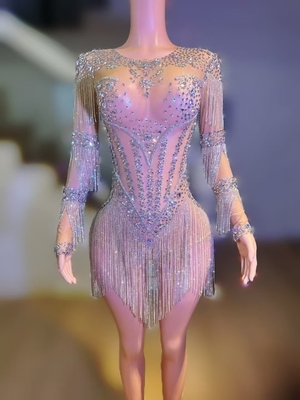 KIMSHEIN AD2542 Luxurious Rhinestone Women's Wear Sexy Long Sleeve Fringe Crystal Short Tight Dress for Stage Performers