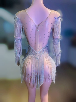 KIMSHEIN AD2542 Luxurious Rhinestone Women's Wear Sexy Long Sleeve Fringe Crystal Short Tight Dress for Stage Performers