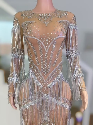 KIMSHEIN AD2542 Luxurious Rhinestone Women's Wear Sexy Long Sleeve Fringe Crystal Short Tight Dress for Stage Performers