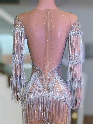 KIMSHEIN AD2542 Luxurious Rhinestone Women's Wear Sexy Long Sleeve Fringe Crystal Short Tight Dress for Stage Performers