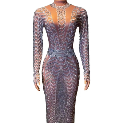 AD2535 Kimshein Fashionable Long-Sleeved Maxi Dress for Women's Crystal Evening Party in Summer from Guangdong Origin