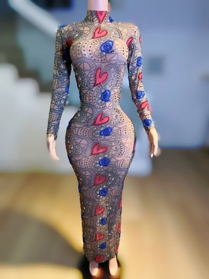 Kimshein AD2536 High Neck Long Sleeve Sexy Beaded Women's Party Dress with Intelligent Tracking and Grid Fabric Support