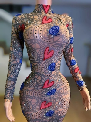 Kimshein AD2536 High Neck Long Sleeve Sexy Beaded Women's Party Dress with Intelligent Tracking and Grid Fabric Support