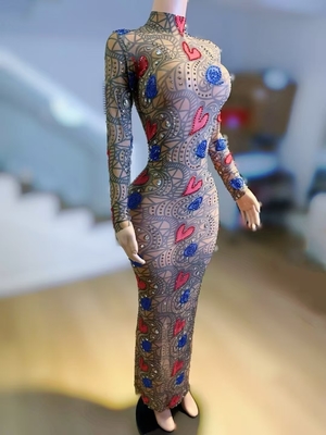 Kimshein AD2536 High Neck Long Sleeve Sexy Beaded Women's Party Dress with Intelligent Tracking and Grid Fabric Support