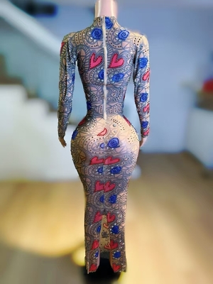 Kimshein AD2536 High Neck Long Sleeve Sexy Beaded Women's Party Dress with Intelligent Tracking and Grid Fabric Support
