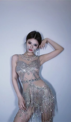 AD2540 Kimshein Women's Elegant and Sexy Sleeveless O-Neck Crystal Fringe Mini Evening Dress for Miss Intercontinental
