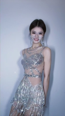 AD2540 Kimshein Women's Elegant and Sexy Sleeveless O-Neck Crystal Fringe Mini Evening Dress for Miss Intercontinental