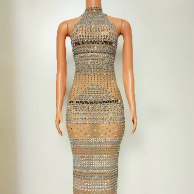 AD2522 Kimshein Women's Luxury Sleeveless Sexy Long Fashion Crystal Diamond Dress with Natural Waistline in Chinese Size