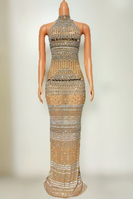 AD2522 Kimshein Women's Luxury Sleeveless Sexy Long Fashion Crystal Diamond Dress with Natural Waistline in Chinese Size