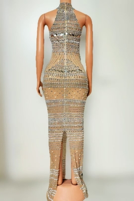 AD2522 Kimshein Women's Luxury Sleeveless Sexy Long Fashion Crystal Diamond Dress with Natural Waistline in Chinese Size