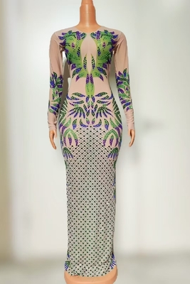 Natural Waistline AD2520 Kimshein Fashion Women's Long Sleeve Mesh Crystal Maxi Dress for High Score Body Evening Gown