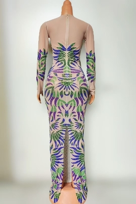 Natural Waistline AD2520 Kimshein Fashion Women's Long Sleeve Mesh Crystal Maxi Dress for High Score Body Evening Gown