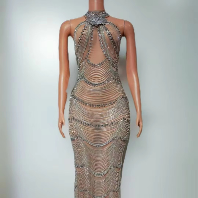 AD2519 Kimshein Women's Fashion Elegant Luxury Rhinestone Club Party Shiny Dress Evening Gown Woven Technique Solid Color