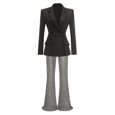 SR2347 Women's 2-Piece Suit Set for Formal Office Wear Jacket and Luxurious Beaded Long Pants in Autumn