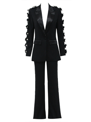Upgrade Your Formal Wear Game with SR2340 Black Floral Deep V-Neck Suit Pants Two-Piece Set and Breathable Fabric