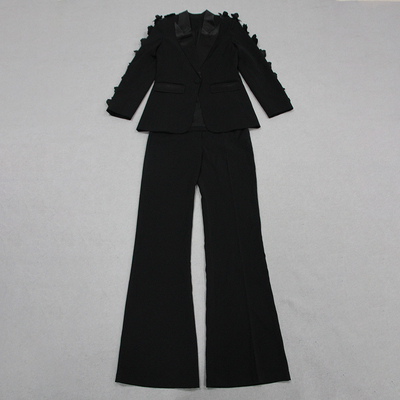 Upgrade Your Formal Wear Game with SR2340 Black Floral Deep V-Neck Suit Pants Two-Piece Set and Breathable Fabric