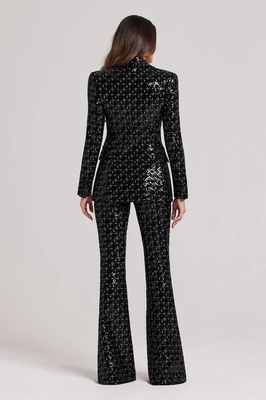 SR2342 Black Sexy Two-Piece Club Outfit Luxury Spring Set Shiny Formal Fashion V-Neck Polyester/Cotton Jacket and Pants