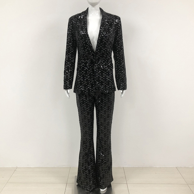 SR2342 Black Sexy Two-Piece Club Outfit Luxury Spring Set Shiny Formal Fashion V-Neck Polyester/Cotton Jacket and Pants