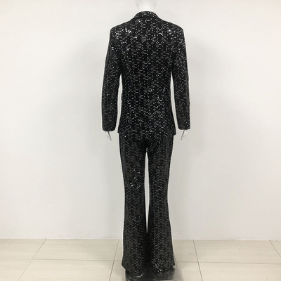 SR2342 Black Sexy Two-Piece Club Outfit Luxury Spring Set Shiny Formal Fashion V-Neck Polyester/Cotton Jacket and Pants