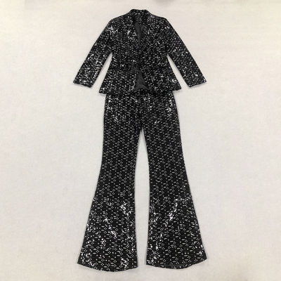 SR2342 Black Sexy Two-Piece Club Outfit Luxury Spring Set Shiny Formal Fashion V-Neck Polyester/Cotton Jacket and Pants