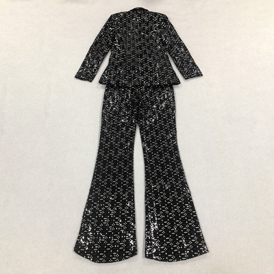 SR2342 Black Sexy Two-Piece Club Outfit Luxury Spring Set Shiny Formal Fashion V-Neck Polyester/Cotton Jacket and Pants