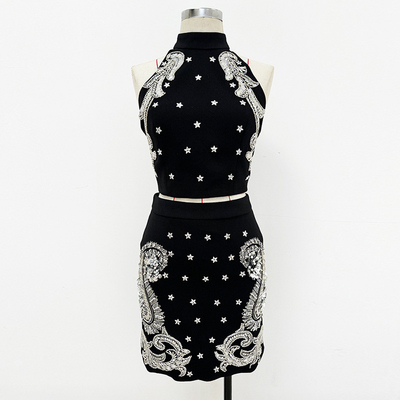 Kimshein SS2332 Summer Black Sexy Two-Piece Evening Dress Set with 100g Fabric Weight Fashion Women's Luxurious Crystal