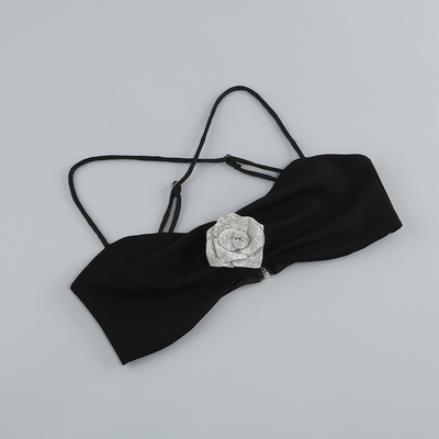 Kimshein SS2326 Summer Black Sexy Two-Piece Set with Hollowed-out Flower Skirt in Satin Fabric and 240g Fabric Weight