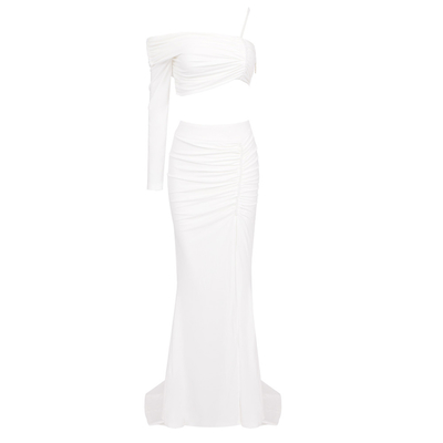 SS2315 Summer Two-Piece Set for Women Elegant Single-Sleeved Pearl Belt Sexy Long Skirt Set in Round Neck and Pure Color