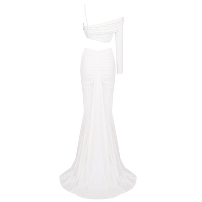 SS2315 Summer Two-Piece Set for Women Elegant Single-Sleeved Pearl Belt Sexy Long Skirt Set in Round Neck and Pure Color
