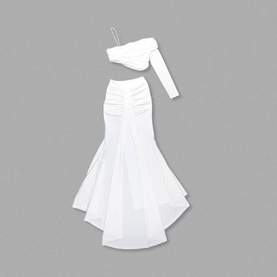SS2315 Summer Two-Piece Set for Women Elegant Single-Sleeved Pearl Belt Sexy Long Skirt Set in Round Neck and Pure Color