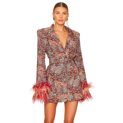 Professional BA2218 Women's Formal Short V-Neck Suit Jacket and Feather Print Dress for Office Sophisticated Dress Code