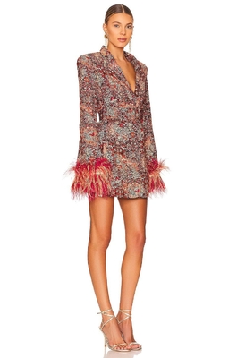 Professional BA2218 Women's Formal Short V-Neck Suit Jacket and Feather Print Dress for Office Sophisticated Dress Code