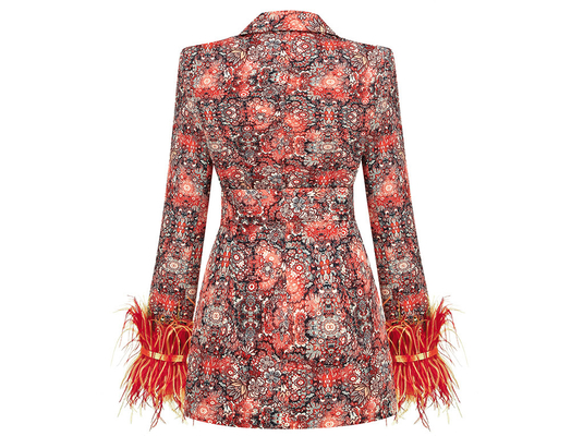 Professional BA2218 Women's Formal Short V-Neck Suit Jacket and Feather Print Dress for Office Sophisticated Dress Code