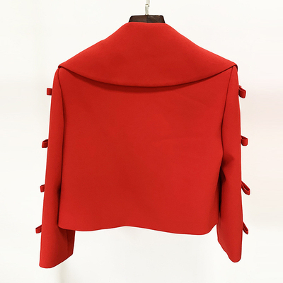 Red Butterfly Bow BA2296 Women's Sports Jacket Suit Elegant Coat Size S-2XL Front Zipper Polyester PU Leather Appearance