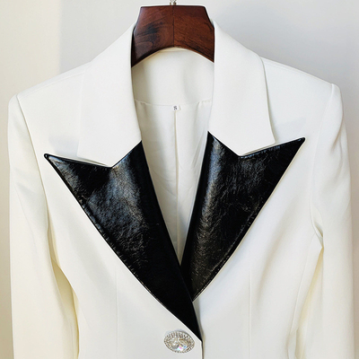 Full Sleeves H3294 Women's White Long Sleeve Patchwork Work Crystal Office Suit Female Sport Jacket with Polyester Lining