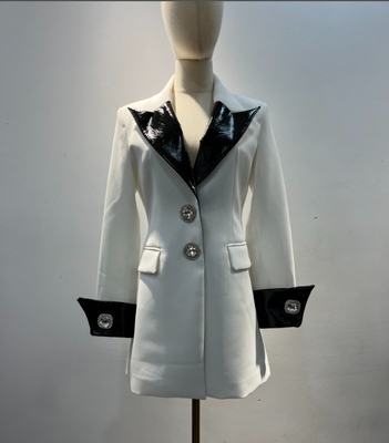 Full Sleeves H3294 Women's White Long Sleeve Patchwork Work Crystal Office Suit Female Sport Jacket with Polyester Lining