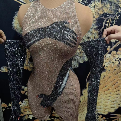 AD1689 Deming Jumpsuit Handmade Luxury Bodysuit with Shimmering Sequins and Off-Shoulder Design in Mesh Fabric