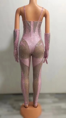 Kimshein High Fashion Netted Jumpsuit with Diamond Spaghetti Straps Women's Crystal Cutout Performance Suit Netted Fabric