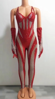 Kimshein High Fashion Netted Jumpsuit with Diamond Spaghetti Straps Women's Crystal Cutout Performance Suit Netted Fabric